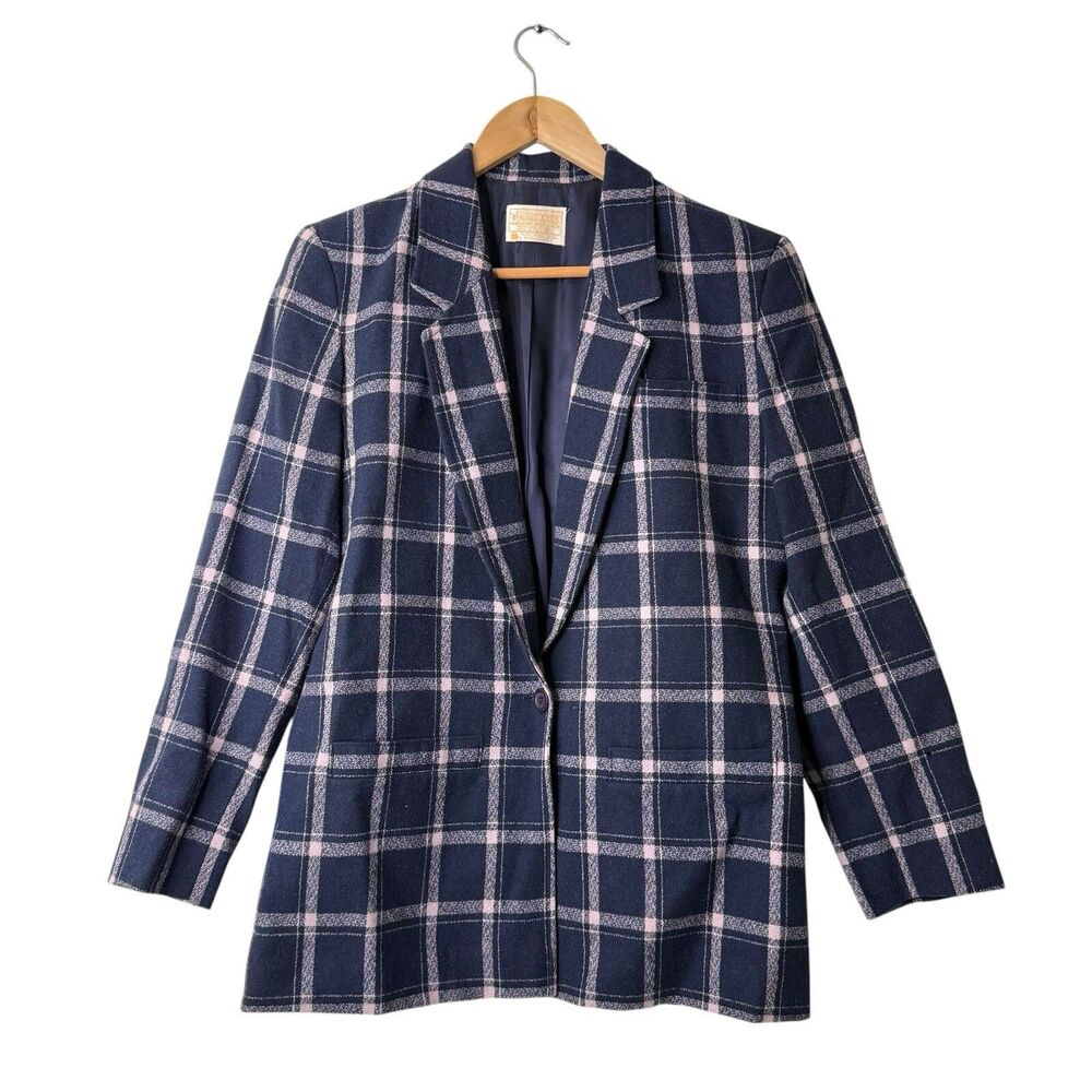 Pendleton Womens Size 8 Blazer Jacket 100% Virgin Wool Plaid Pink Navy Academia